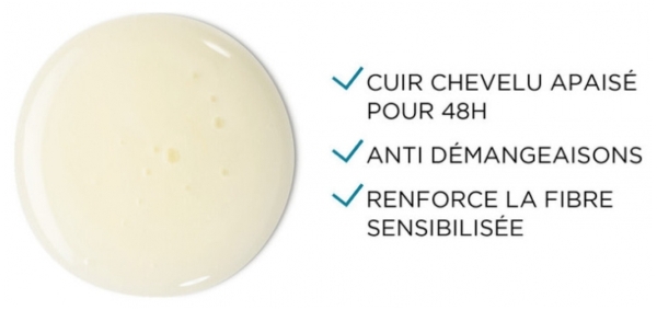 Une goutte de liquide crémeux jaune clair à côté d'une liste en français avec des coches bleues : "Cuir chevelu apaisé 48h, anti-démangeaisons, renforce la fibre". Découvrez Vichy Dercos Shampoing Ultra Apaisant pour Cheveux Normaux à Gras 200 ml. Dakar