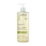 Un flacon pompe transparent de A Derma Gel Douche 3en1 Surgras Peaux Fragiles et Sèches 500 ml, avec une étiquette blanche et verte en français et en anglais, conçu pour les peaux sèches et fragiles. Dakar