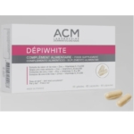 Une boîte d'Acm Dépiwhite Complément Alimentaire 60 gélules est représentée avec deux gélules beiges en vrac. L'emballage met en évidence les bienfaits pour la peau et les principaux ingrédients, dont l'Oxyprolane Dermic. Dakar