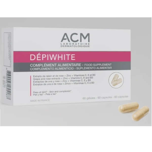 Une boîte d'Acm Dépiwhite Complément Alimentaire 60 gélules est représentée avec deux gélules beiges en vrac. L'emballage met en évidence les bienfaits pour la peau et les principaux ingrédients, dont l'Oxyprolane Dermic. Dakar