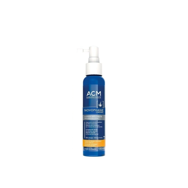 Un flacon pulvérisateur bleu de 100 ml d'ACM Novophane Chronic Lotion Anti-chute avec un distributeur à pompe blanc et une étiquette décrivant les caractéristiques et l'utilisation du produit. Dakar