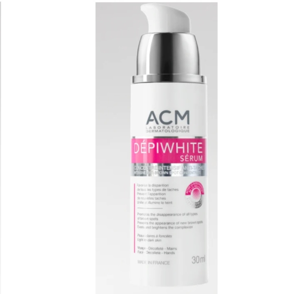 Un flacon blanc et argenté de Dépiwhite Sérum Concentré Intensif Anti-Taches 30ml avec une pompe et une étiquette rose se trouve à côté de ACM DUOLYS CE Sérum Anti Oxydant 15ml, tous deux présentés sur un fond blanc uni. Dakar