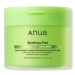 Un pot vert d'Anua Azelaic Pad Apaisants Anti Rougeurs et Boutons Acid 10 Hyaluron Redness Soothing, contenant 60 tampons. L'étiquette mentionne ses bienfaits anti-rougeurs et apaisants en anglais et en français. Dakar