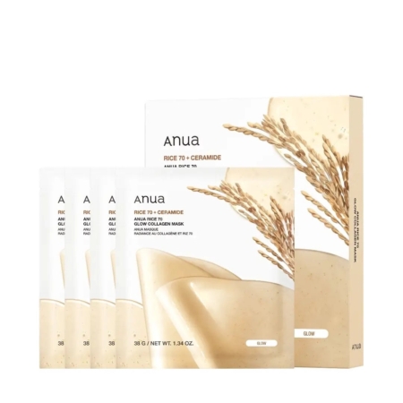 Quatre sachets d'Anua Masque Éclat au Collagène Riz 70 Glow sont présentés devant une boîte beige assortie, ornée de motifs de tiges de riz. Dakar