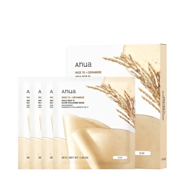 Quatre sachets d'Anua Masque Éclat au Collagène Riz 70 Glow sont présentés devant une boîte beige assortie, ornée de motifs de tiges de riz. Dakar