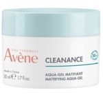 Avène Cleanance Aqua-Gel Matifiant 50 ml est un pot blanc avec un couvercle bleu clair, étiqueté en anglais et en français, offrant un soin matifiant similaire à Avène HYDRANCE Aqua pour l'hydratation et le contrôle de la brillance. Dakar