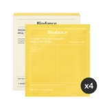 Un sachet jaune de Biodance Masque Glow Boost Éclat Visage à la Niacinamide et au Glutathion 4 Pièce est présenté devant sa boîte assortie, mettant en avant les bénéfices pour les peaux ternes ou irrégulières. Une icône indique que la boîte contient 4 feuilles de masque. Dakar
