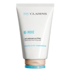 Un tube blanc étiqueté "Clarins my clarins re-move gel nettoyant purifiant 125ml" avec un texte bleu et noir, un bouchon beige et des accents bleus se tient debout sur un fond blanc, similaire au HT 26 Gel Douche Blanchissant Au Glutathion. Dakar