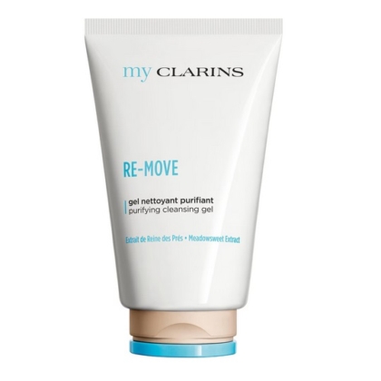 Un tube blanc étiqueté "Clarins my clarins re-move gel nettoyant purifiant 125ml" avec un texte bleu et noir, un bouchon beige et des accents bleus se tient debout sur un fond blanc, similaire au HT 26 Gel Douche Blanchissant Au Glutathion. Dakar