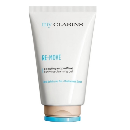 Un tube blanc étiqueté "Clarins my clarins re-move gel nettoyant purifiant 125ml" avec un texte bleu et noir, un bouchon beige et des accents bleus se tient debout sur un fond blanc, similaire au HT 26 Gel Douche Blanchissant Au Glutathion. Dakar