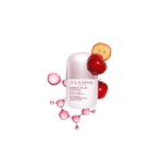 Le flacon de Sérum Expert Éclat Anti Taches Bright Plus Advanced 30 ml de Clarins est entouré de fruits rouges et d'un graphisme moléculaire rose, évoquant les ingrédients du soin éclaircissant, le tout sur fond blanc. Dakar