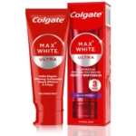 Un tube rouge et une boîte de dentifrice Colgate Max White Ultra Active Foam 50ml, qui prétend blanchir les dents en profondeur en 3 jours grâce à ses propriétés multiprotectrices et de protection de l'émail. Dakar