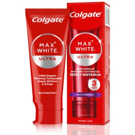 Un tube rouge et une boîte de dentifrice Colgate Max White Ultra Active Foam 50ml, qui prétend blanchir les dents en profondeur en 3 jours grâce à ses propriétés multiprotectrices et de protection de l'émail. Dakar