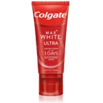 Un tube rouge de Colgate Max White Ultra Active Foam 50ml avec un texte blanc indiquant "Des dents plus blanches en seulement 3 jours" et "Une action oxygénée en profondeur", avec un bouchon à clapet et le logo de la marque Colgate Set sur le dessus. Dakar