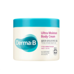 Un récipient blanc et turquoise de 430 ml de Derma B Crème Corps Ultra Hydratante et Apaisante Peau Sèche, avec des textes en anglais et en coréen, un couvercle bleu et une étiquette portant la mention "5 Non-Added Formula". Dakar