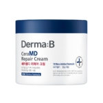 Un pot blanc et bleu de 430 ml de Derma B Crème Réparatrice et Nourrissante pour le corps, avec un texte bilingue anglais et coréen, des détails sur le produit, et un tampon pour la formule hypoallergénique testée sous contrôle dermatologique. Dakar