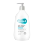 Un flacon blanc de 400 ml de Derma B Lait hydratant Corps Mild Moisture Body Lotion pour les peaux déshydratées et irritées, avec un distributeur à pompe, une étiquette sans parfum et un texte en anglais et en coréen. Dakar