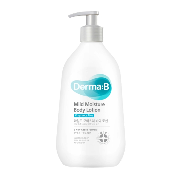 Un flacon blanc de 400 ml de Derma B Lait hydratant Corps Mild Moisture Body Lotion pour les peaux déshydratées et irritées, avec un distributeur à pompe, une étiquette sans parfum et un texte en anglais et en coréen. Dakar