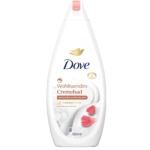 Le flacon blanc de 750 ml de Dove Creme Douche Parfum Lait d'Amande et Hibiscus présente un parfum de lait d'amande et d'hibiscus, avec des pétales de fleurs roses et des bulles sur l'étiquette. Dakar
