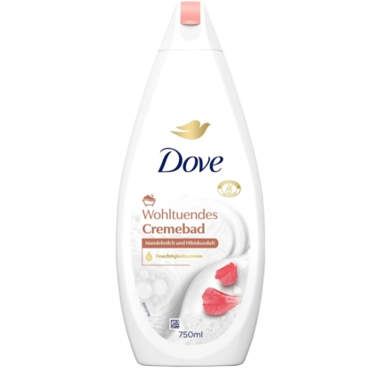 Le flacon blanc de 750 ml de Dove Creme Douche Parfum Lait d'Amande et Hibiscus présente un parfum de lait d'amande et d'hibiscus, avec des pétales de fleurs roses et des bulles sur l'étiquette. Dakar