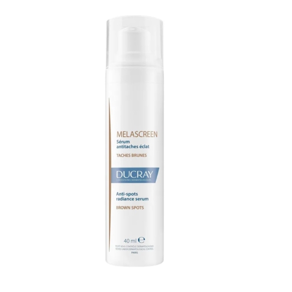 Un flacon blanc de 40ml de Ducray Melascreen Sérum Anti-Taches Éclat Tous Types de Peaux, avec une étiquette et un distributeur à pompe bleu et or, s'associe parfaitement avec Ducray Coffret Keracnyl Sérum Anti-Imperfections. Dakar