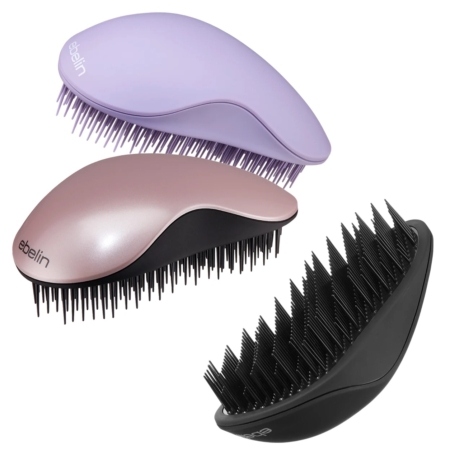 Trois Ebelin Brosse à Cheveux Démêlante Professionnelle Sans Manche 1 Pièce sont présentés en violet pastel, rose métallique et noir, se chevauchant avec des poils orientés dans des directions différentes. Dakar