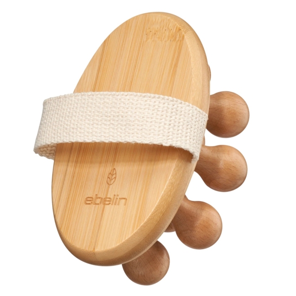 La Brosse à Main Anti Cellulite Ebelin avec Picots en Bois est une brosse de massage ovale en bois avec quatre boutons arrondis, une dragonne en tissu et le nom de la marque "ebelin" gravé sur sa surface. Dakar