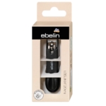 Un coupe-ongles Ebelin Coupe Ongles 1 Pièce noir est présenté dans une boîte beige avec une fenêtre transparente. La marque et les détails du produit sont imprimés sur l'emballage. Dakar