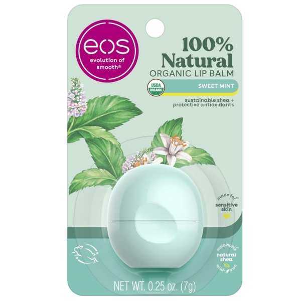 EOS Baume à Lèvres Sphère Menthe Douce Biologique Onctueux est un baume à lèvres 100% naturel et biologique à la menthe douce, dont le contenant ovale vert clair, orné de feuilles et de fleurs de menthe, souligne les bienfaits pour les peaux sensibles. Dakar