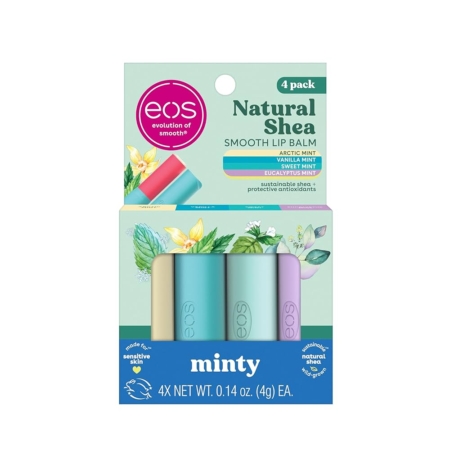 EOS Natural Shea Mint : Pack de Varié de Baume A Lévre Menthe Hydratant 100% Naturelle 4 pièces comprend quatre baumes à lèvres pastel en Menthe Arctique, Menthe Vanille, Menthe Douce et Menthe Eucalyptus avec des ingrédients naturels à base de menthe. Dakar