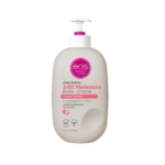 Un flacon de 473 ml de Lait corporel au beurre de karité EOS dans le parfum Coconut Waters avec une pompe blanche, comportant une étiquette principalement blanche avec des éléments de design roses et bruns, similaire au style de HT26 Lait Blanchissant Booster. Dakar