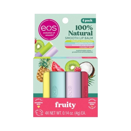Le Kit de 4 Baumes à Lèvres Hydratants 4 Pièces EOS The Super Fruits Always In A Season comprend des baumes à lèvres 100% naturels dans des tubes pastels assortis avec des parfums fruités comme ananas-passion et pastèque-frosé, ainsi que des images de fruits sur l'emballage. Dakar