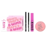 Le coffret Essence Cadeau Maquillage I Love Extreme Eye 4 pièces comprend deux eyeliners noirs, un mascara rose et un gel rond de lifting des sourcils dans un emballage rose, tous disposés côte à côte. Dakar
