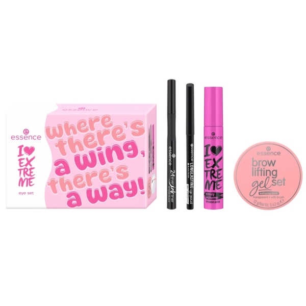 Le coffret Essence Cadeau Maquillage I Love Extreme Eye 4 pièces comprend deux eyeliners noirs, un mascara rose et un gel rond de lifting des sourcils dans un emballage rose, tous disposés côte à côte. Dakar