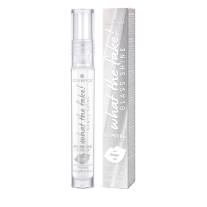 Un tube transparent d'Essence Gloss à Lèvres What The Fake ! Glass Shine Lip Plumper 01 Oh So Glassy (4,2 ml) à l'huile de gingembre se trouve à côté de sa boîte blanche et argentée, toutes deux affichant une marque moderne et élégante. Dakar