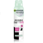 Un vaporisateur blanc et vert de 150 ml de Garnier Mineral Invisible Spray Anti-Transpirant, avec le texte "Black White Colors", des icônes anti-marques et un parfum floral pour une protection invisible pendant 48 heures. Dakar