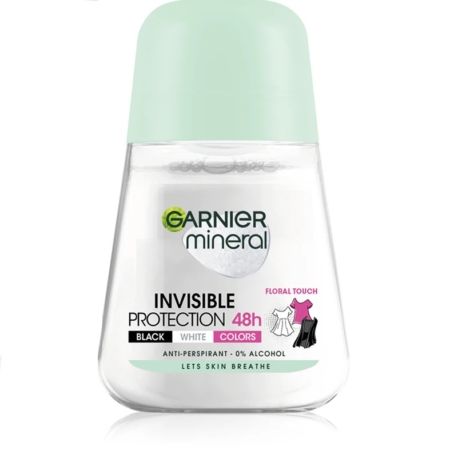 Garnier Mineral Invisible Anti-Transpirant Roll-n Pour Femme 50ml est un déodorant roll-on transparent avec un bouchon vert clair. Il offre un parfum floral, une protection de 48 heures pour les vêtements noirs, blancs et colorés, et contient 0 % d'alcool. Dakar