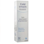 La boîte rectangulaire blanche du Cold Cream 50 ml de Gilbert comporte un texte en français qui le décrit comme un soin nourrissant et protecteur pour les peaux sèches et déshydratées du visage et du corps, mettant en avant sa formule apaisante. Dakar