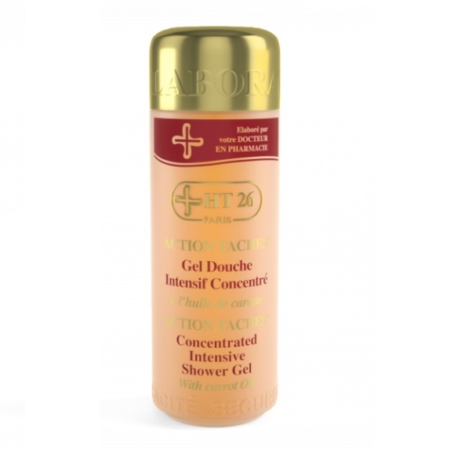Un flacon beige et or de 1000ml de HT26 Gel Douche Action Taches Carotte avec de l'huile de carotte, des textes en français et en anglais, une étiquette rouge et un bouchon doré. Dakar