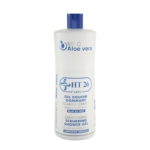 Un flacon blanc de 1000 ml de HT26 Gel Douche Gommant Éclaircissant avec un texte bleu et un bouchon bleu, contenant de l'aloe vera et de la vitamine C, conçu pour nettoyer et éclaircir la peau. Dakar