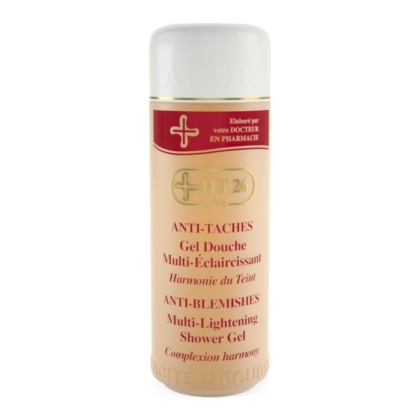 Un flacon beige de 1000ml de HT26 Gel Douche Multi-Éclaircissant avec texte rouge et or, conçu pour le soin de la peau et l'harmonisation du teint. Dakar