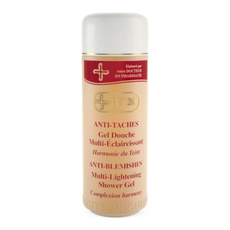 Un flacon beige de 1000ml de HT26 Gel Douche Multi-Éclaircissant avec texte rouge et or, conçu pour le soin de la peau et l'harmonisation du teint. Dakar