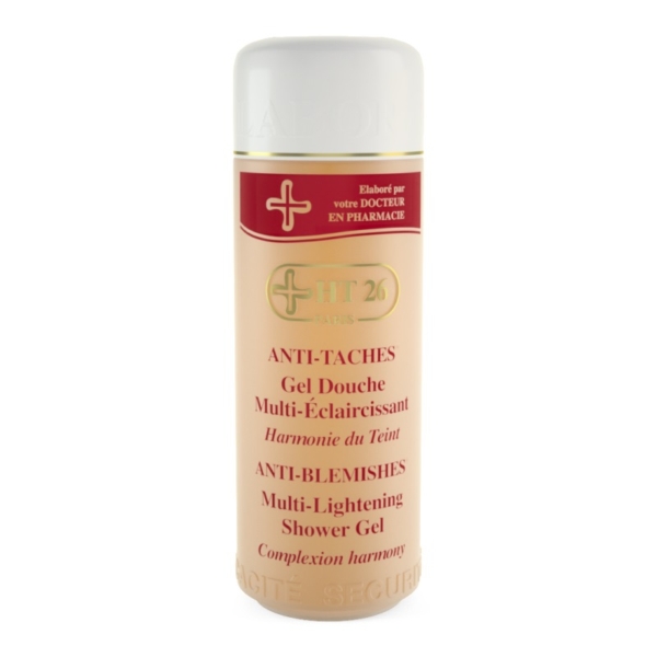 Un flacon beige de 1000ml de HT26 Gel Douche Multi-Éclaircissant avec texte rouge et or, conçu pour le soin de la peau et l'harmonisation du teint. Dakar