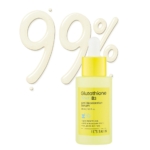 Un flacon jaune de IT'S SKIN Sérum Éclaircissant au Glutathion B3 Boost Éclat Anti Taches 30 ml avec un compte-gouttes. Derrière, "99%" apparaît en liquide crémeux. L'étiquette met en avant ses vertus éclaircissantes et anti-taches. Dakar
