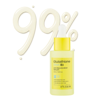 Un flacon jaune de IT'S SKIN Sérum Éclaircissant au Glutathion B3 Boost Éclat Anti Taches 30 ml avec un compte-gouttes. Derrière, "99%" apparaît en liquide crémeux. L'étiquette met en avant ses vertus éclaircissantes et anti-taches. Dakar