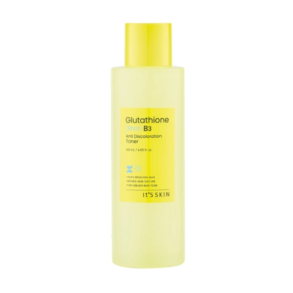 Un flacon jaune de It'S SKIN Tonique Anti Taches Glutathion Shot B3 Teint Lumineux 120 ml, avec un design élégant et une étiquette jaune affichant les détails du produit. Dakar