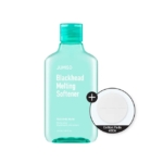 Un flacon sarcelle étiqueté "Jumiso Kit Soins avec 1 Adoucissant Anti Points noirs 150 ml" avec un bouchon sarcelle. À côté, un graphique rond indique "40 Cotons", ce qui signifie que 40 cotons sont inclus dans le kit. Dakar