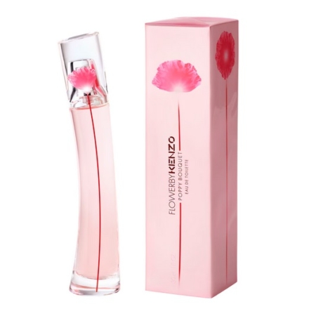 Un grand flacon en verre bombé avec un liquide rose et un motif de coquelicot rouge se trouve à côté de sa boîte rose assortie étiquetée "flower by kenzo poppy bouquet 30ml", tous deux arborant le motif audacieux de la fleur rouge. Dakar