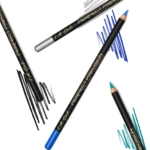 Trois crayons L.A. Girl Crayon Eyeliner Perfect Precision de 1,49 g en noir, bleu et sarcelle sont présentés sur un fond blanc avec des gribouillis assortis à côté de chaque crayon. Dakar