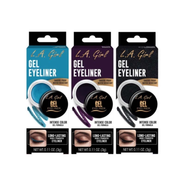 Trois boîtes de L.A. Girl Gel Eyeliner Professionnel Longue Tenue WaterProof 5 g en sarcelle, violet et noir, chacune présentant un pot de gel assorti, un pinceau, un look de maquillage pour les yeux, et les mentions "Long-Lasting" et "Intense Color" sur l'emballage. Dakar